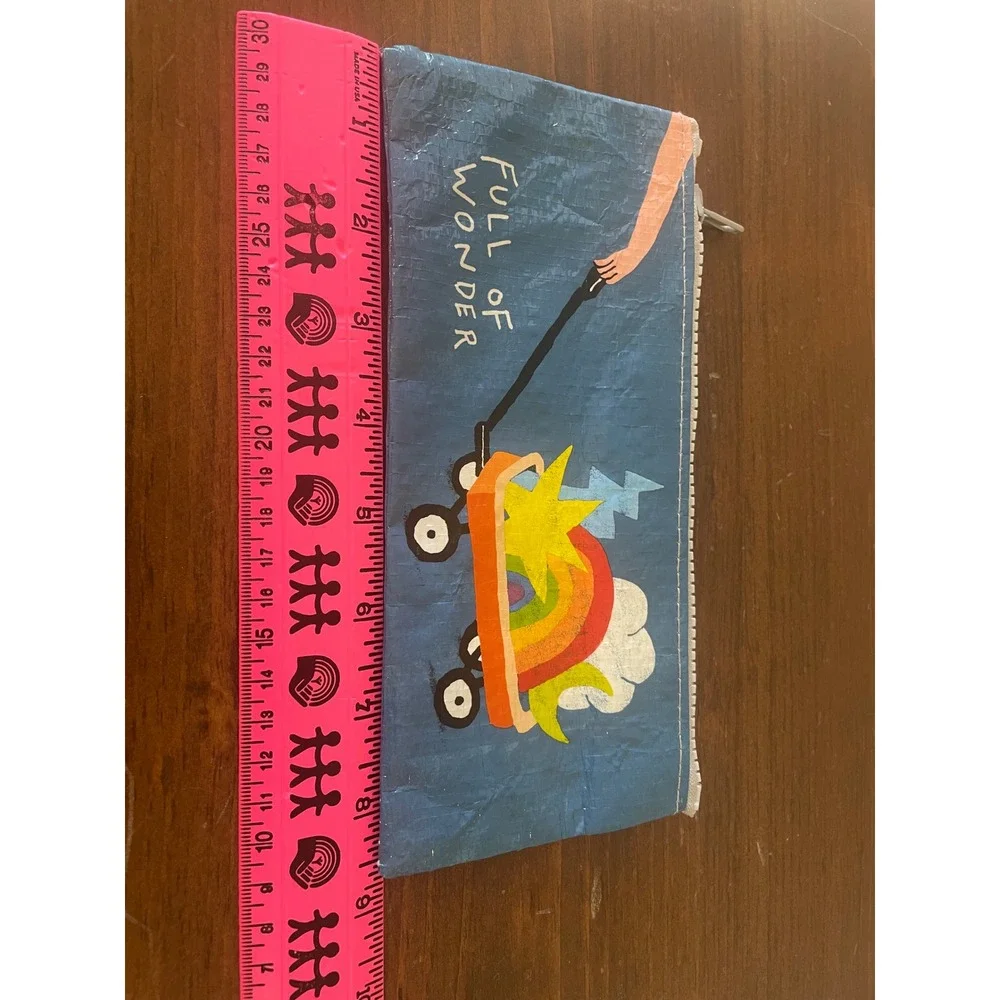 Blue Q Full of Wonder Recycled Pencil Pouch Zipper Bag Rainbow Wagon Blue